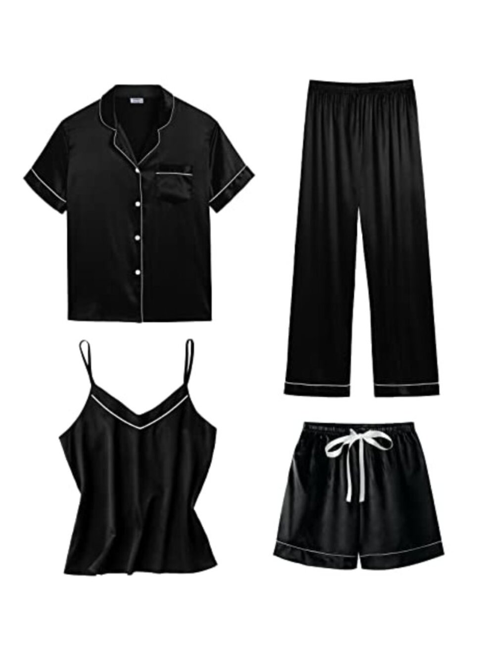 SWOMOG 4 Pc Satin Pajama Set Camisole Button Down Shirt Shorts Pants Sleepwear